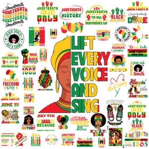 May include: A collection of colourful graphic designs celebrating Juneteenth, a holiday commemorating the emancipation of enslaved African Americans in the United States. The designs feature various phrases and images related to Black history, freedom, and empowerment, including "Juneteenth", "Black History", "Lift Every Voice and Sing", and "Free-ish Since 1865".