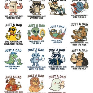 Nur ein Vater, der immer mit dem Milch-Png-Bundle zurückkam, Retro-Vater-Waschbär-Shirt-Design, kam mit dem Milch-Png zurück, lustiger Vatertag Png