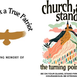 May include: A graphic design with text and illustrations. The left side features text that reads "Charlie Kirk a True Patriot" above a brown eagle. The right side has the words "church, arise stand" above a colorful illustration of a church on a hill.
