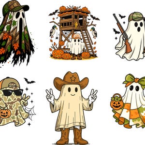 May include: A collection of Halloween-themed illustrations featuring cartoon ghosts in various costumes. One ghost wears a camouflage hat and outfit, another holds a shotgun and ducks, and others are dressed as a cowboy and a hunter.