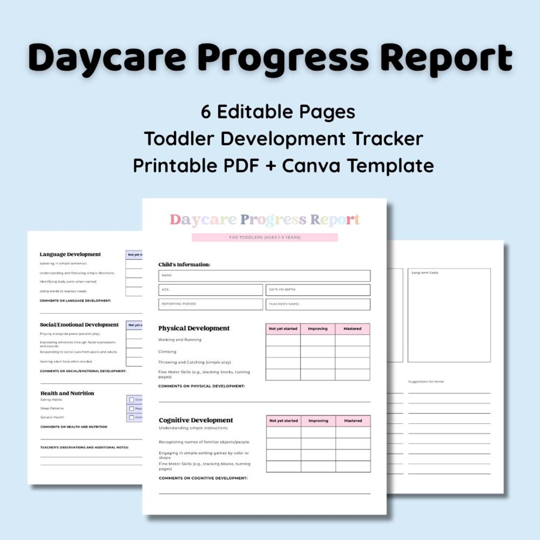 Daycare Progress Report Printable – 6 Page Toddler Development Tracker ...
