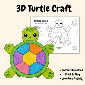 Lavoretto con le tartarughe da stampare per bambini / Attività di ritaglio e incolla di animali marini / Lavoretto da colorare per la scuola materna in formato PDF / Download immediato