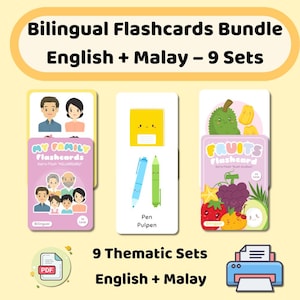 Flashcards bilíngues – Vocabulário inglês e malaio para crianças | 9 conjuntos temáticos | Pacote PDF para impressão