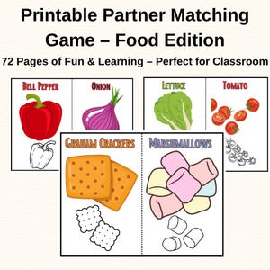 Cartões de alimentos para combinar com parceiros | Jogo de combinação para imprimir para crianças | Atividade em sala de aula | PDF com 72 páginas