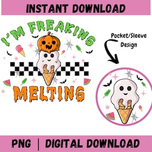 Op de afbeelding: Een digitaal ontwerp met een Halloween-ijshoorntje met een pompoen en een spookje. De tekst luidt "I'm Freaking Melting" in groen en oranje. Bevat vleermuizen, spinnenwebben en ijs.