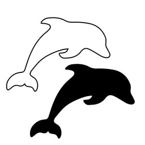 May include: A graphic illustration featuring two dolphins in a leaping pose. One dolphin is rendered as a solid black silhouette, while the other is depicted as a white outline with a thin black border, both set against a plain white background.