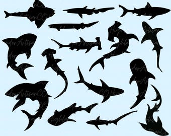 May include: A 15 pack bundle of black shark silhouettes on a light blue background. The collection includes various shark species in different swimming poses. The text 15 PACK BUNDLE is at the top, and SVG | PNG | INSTANT DOWNLOAD is at the bottom.