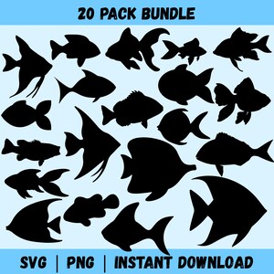 Peut inclure: Un lot de 20 silhouettes de poissons noirs sur fond bleu clair. La collection comprend diverses espèces aquatiques avec des formes de nageoires et des profils corporels distincts. Le texte 20 PACK BUNDLE figure en haut et SVG | PNG | INSTANT DOWNLOAD en bas.