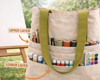 Large Canvas Tote Bag Organizer with Pockets Art Supply Carrier Handmade Studio Tote Painter Supply Bag Carryall Plein Air Bag Artist
