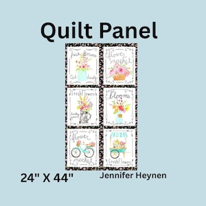 Panel z tkaniny Flower Market autorstwa Jennifer Heynen. Piękny, kwiatowy motyw, rower, letni wózek do sklepu z kwiatami, idealny do pikowania, majsterkowania