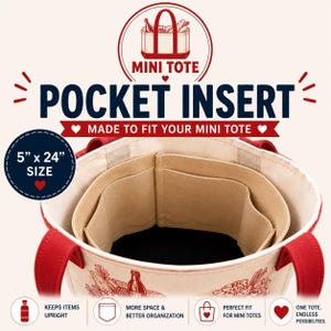 May include: A beige felt pocket insert for a mini tote bag, measuring 5 inches by 24 inches. The insert features multiple interior compartments and is shown inside a cream-colored canvas tote with red handles and red graphic illustrations.