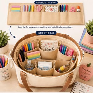 May include: A beige canvas bag organizer with multiple pockets, shown both laid flat and inserted into a tote bag. The organizer holds pens, notebooks, sticky notes, and personal items. Text includes "From Flat to Functional made for teachers", "ONE INSERT. ENDLESS POSSIBILITIES.", "OUTSIDE THE BAG", "INSIDE THE BAG", and "EASY TO ACCESS", "LIGHTWEIGHT & FLEXIBLE", "SWITCH BAGS IN SECONDS", "PROTECTS & ORGANIZES", "STAY ORGANIZED. STAY INSPIRED."