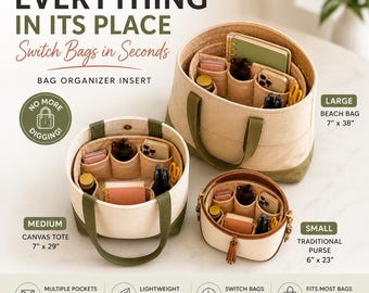 Inserto organizer per borsa in tela, con tasche multiple, compatibile con borse di seconda scelta.