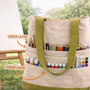Puede incluir: Bolso tote de lona grande para artistas, con detalles en verde oliva. El bolso tiene múltiples bolsillos llenos de materiales de arte, incluyendo tubos de pintura, pinceles y paletas. Perfecto para artistas.
