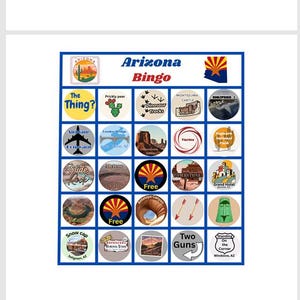 Download digital do Vacation Bingo Arizona Edition - 12 cartas de jogo exclusivas. Viagem de carro pela Rota 66, Grand Canyon ou explorando o Arizona.