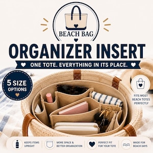 May include: A beige felt organizer insert inside a round woven straw beach tote. The insert features multiple interior pockets holding various items including a small white wallet, a pink tube, sunglasses, and keys. Text reads BEACH BAG ORGANIZER INSERT.