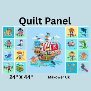 Piratas, animales de tierra y mar. Panel de tela de algodón, Tesoro Náutico de Makower, perfecto para colchas y manualidades.