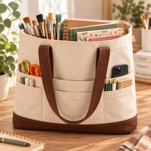 May include: A beige canvas tote bag with a dark brown base and matching handles. The exterior features multiple pockets containing various paintbrushes, scissors, and a smartphone. The main compartment holds several notebooks and sketchbooks.
