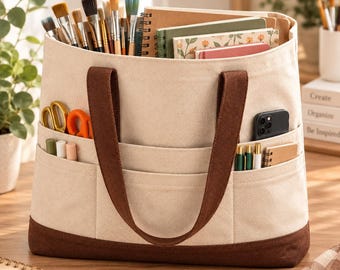 Canvas Tote Bag with Pockets Large Craft Organizer Art Supply Bag Artist Tote Painting Sewing Storage