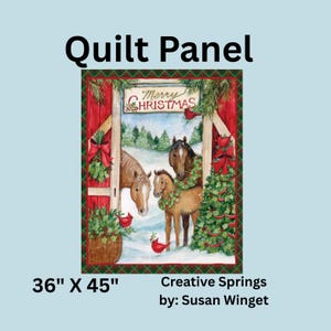Three Horse Christmas Quilt Panel with Barn and Rustic Barn Door with snow and greenery. Farmhouse Quilt Panel Christmas Project.
