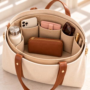 May include: A beige canvas tote bag with brown leather handles and a matching felt interior organizer insert. The organizer contains a smartphone, a pink wallet, a brown rectangular wallet, a water bottle, sunglasses, and a pen.
