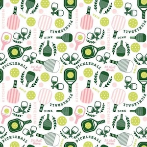 Pickleball Fabric  Pink & Green Cotton Quilt Material  Riley Blake Designs  Paddles and Balls  Sports Sewing and Craft Fabric