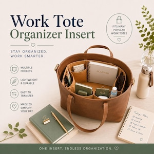May include: A brown leather-like work tote bag containing a tan organiser insert with multiple compartments. The insert holds a planner, notebooks, pens, and small items. Text on the image reads Work Tote Organiser Insert, Stay Organised, Work Smarter.