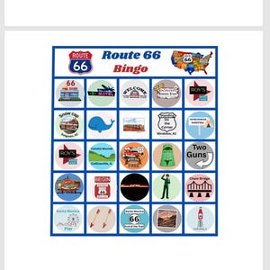 Vakantiebingo Historic Route 66 Edition digitale download: 12 unieke gamekaarten. Roadtrip rijden Illinois-Californië familievakantiespel