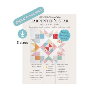 May include: A digital download quilt pattern titled "Carpenter's Star" by LollieGramShop. The pattern features a colorful star quilt design with a baby size of 36x36 inches. Includes step-by-step instructions and a printable PDF format.