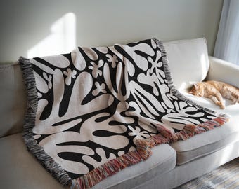 Tapiz de manta tejida inspirado en Matisse, tapiz de pared tejido, manta abstracta en blanco y negro, manta de picnic para sofá, decoración moderna para el hogar