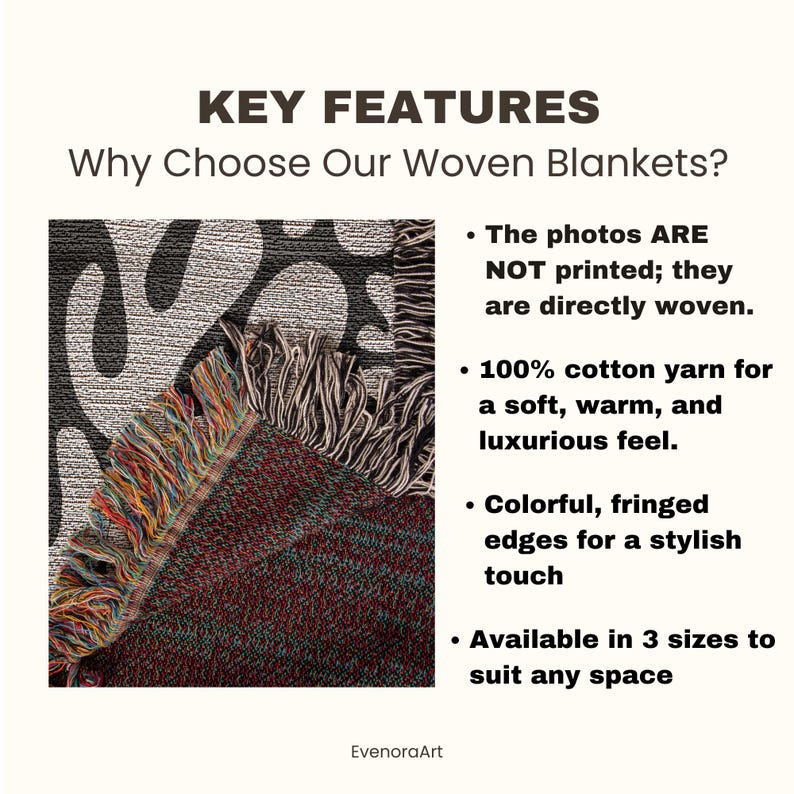 May include: A close-up of a woven blanket with a colourful fringed edge. The blanket features a pattern of black and white shapes and a red, green, and black woven design. The text reads "Key Features" and "Why Choose Our Woven Blankets?"
