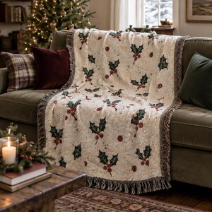 May include: A cream-coloured woven throw blanket featuring a repeating pattern of dark green holly leaves and red berries. The blanket has a textured surface and is finished with a fringed edge along the bottom, displaying a classic textile weave.
