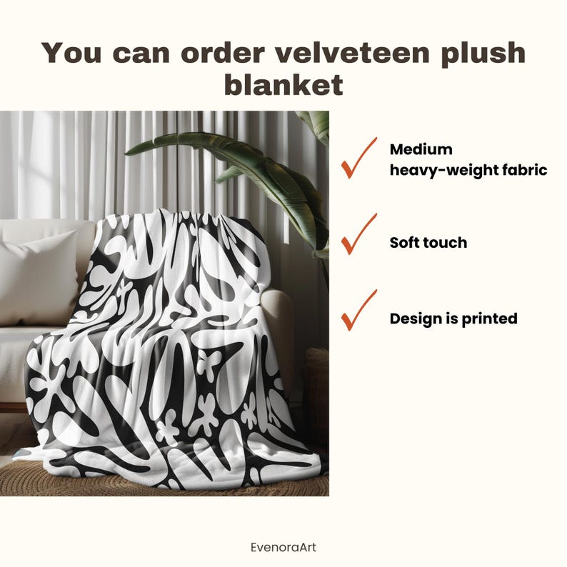 May include: A black and white patterned velveteen plush blanket on a sofa. The blanket has a medium, heavy-weight fabric and a soft touch. The design is printed. The image text reads "You can order velveteen plush blanket."