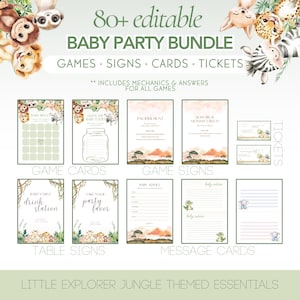 Kleiner Entdecker Dschungel-Babyparty-Spiele, Safari-Thema Spielpaket, geschlechtsneutrale Tier-Babyparty-Ausdrucke, bearbeitbarer Download
