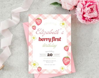 Berry First 1st Birthday Invitation – Editable Strawberry 1st Birthday Invite, Berry Theme, Printable Canva Template, Instant Download - 001