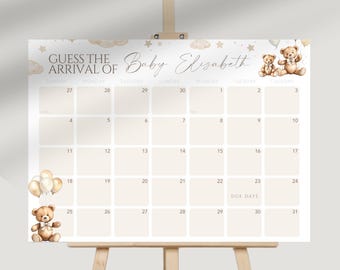 Calendario de nacimiento, Juego de baby shower "Podemos esperar", Adivina la llegada del bebé, Tema de oso bohemio marrón, Descarga instantánea editable