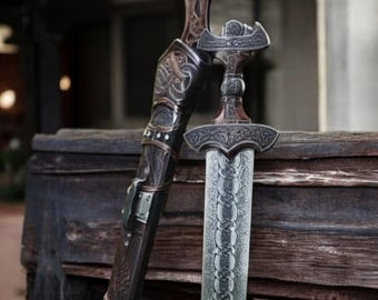 Handgemaakt damaststaal Vikingzwaard met leren schede – 38 inch