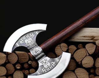 Handgesmeed Viking-bijl met dubbele kop – geëtst koolstofstalen blad