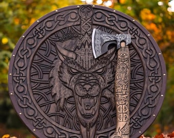 Op maat gesneden Fenrir Viking-schild en bijlset, Noors decor