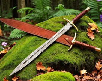 Handmade Damascus Viking Sword with Leather Scabbard, Gift for Him