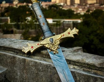 Handmade Damascus Templar Knight Sword – Medieval Steel, Leather Sheath