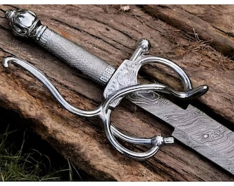 Hand Forged Damascus Steel Rapier Sword | Viking Medieval Blade with Leather Sheath