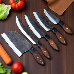 Handmade 5 Pc High Carbon Steel Chef Knife Set with Rosewood  Black Resin Handles ,Perfect Kitchen Gift for Dad, Groomsmen, Wedding for Him