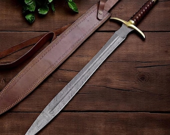 Handgesmeed damaststaal Vikingzwaard – middeleeuws cosplay-mes met leren schede