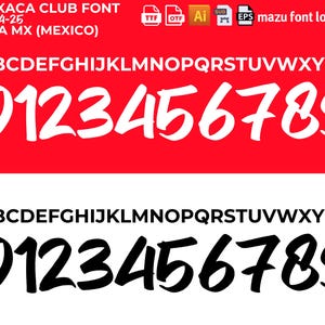 May include: A white font with the letters A through Z and the numbers 0 through 9. The font is bold and has a brushstroke effect. The text "NEXACA CLUB FONT 2024-25 LIGA MX (MEXICO)" is at the top of the image. The text "mazu font locker" is at the top right of the image. The font is available in TTF, OTF, Ai, SVG, and EPS formats.