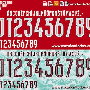 May include: A red background features two sets of numbers and letters in a sports font. The top set is white with a red outline, and the bottom set is maroon with a darker outline. The text "PORTUGAL FONT WORLDCUP 2026" is at the top.