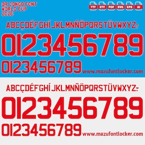 Könnte beinhalten: Eine digitale Schriftanzeige mit dem Titel DR CONGO FONT WORLD CUP 2026, die rote Großbuchstaben von A bis Z und Zahlen von 0 bis 9 in zwei getrennten Zeilen auf blauem und weißem Hintergrund zeigt. Dateiformat-Symbole TTF, OTF, PDF, SVG, EPS, AI sind sichtbar.
