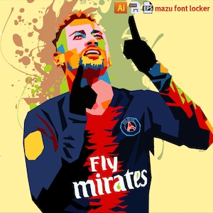 May include: A digital illustration of a soccer player in a blue and red jersey with the words "Fly mirates" on the front. The player is pointing upwards with his right hand and his left hand is on his chest. The background is a yellow, orange, and green abstract design.