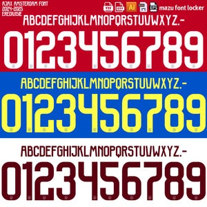Op de afbeelding: Een set van drie fontstijlen voor de letters A tot en met Z en de cijfers 0 tot en met 9. Het eerste lettertype is wit op een rode achtergrond, het tweede is geel op een blauwe achtergrond en het derde is donkerrood op een witte achtergrond. De tekst "AJAX AMSTERDAM FONT 2024-2025 EREDIVISIE" staat bovenaan de afbeelding. De tekst "mazu font locker" staat rechtsboven in de afbeelding.