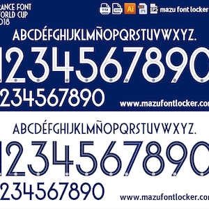 以下が含まれることがあります： 「FRANCE FONT WORLD CUP 2018」のテキストが入った濃い青色のグラフィック。画像には、2つの異なるスタイルでアルファベットと数字が表示されています。ウェブサイトのアドレスwww.mazufontlocker.comも表示されています。